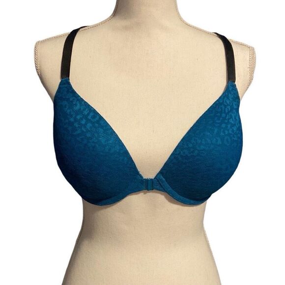 PINK Victoria's Secret Strappy Back Front Clasp Lace Push-up Bra Teal 34DD - Picture 1 of 6